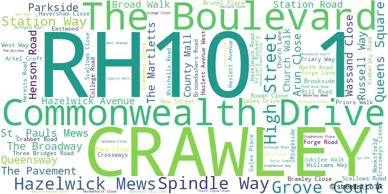 A word cloud for the RH10 1 postcode